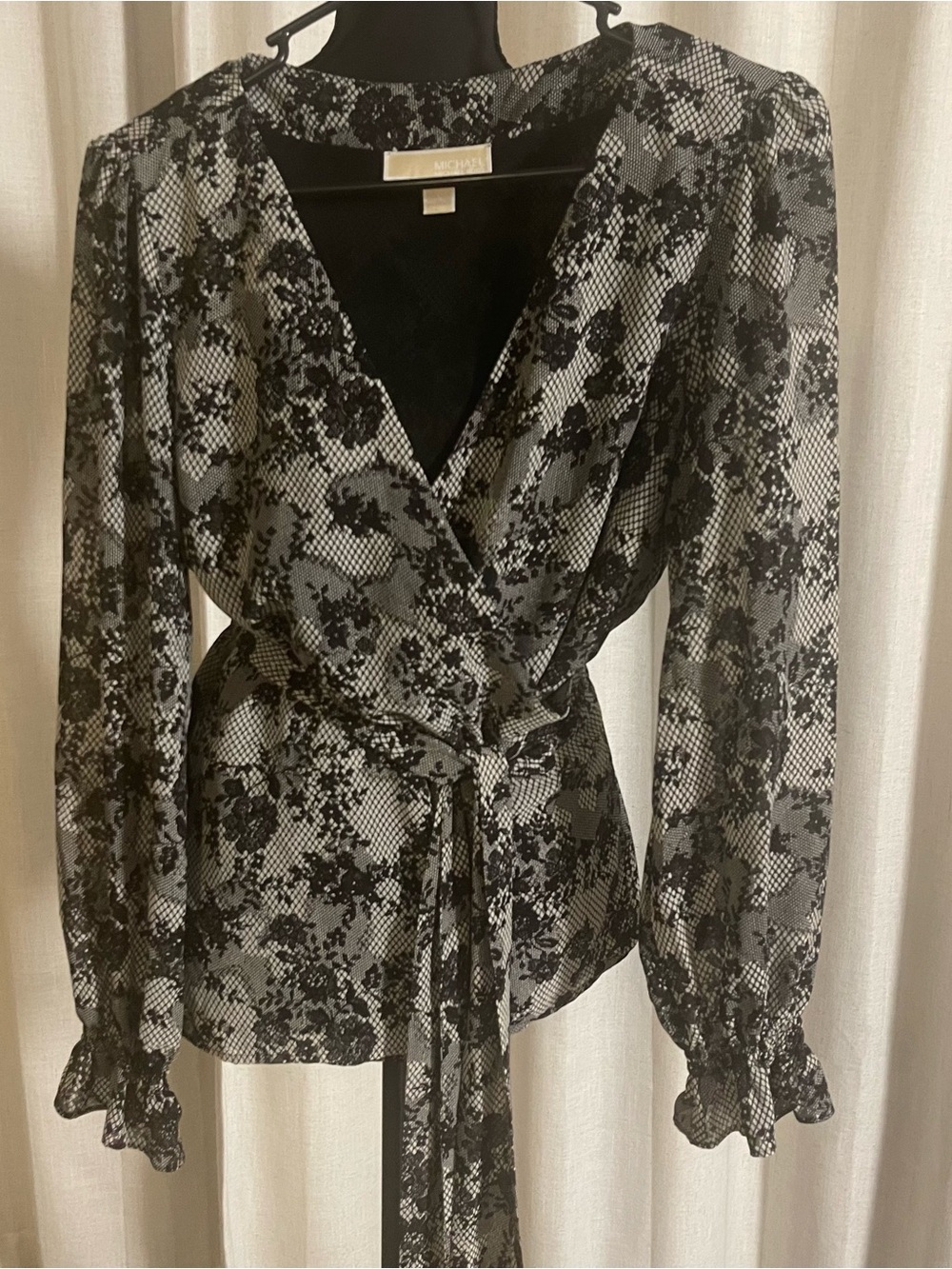 Michael Kors Faux-Wrap Black & Gray Floral Blouse with Tie Waist